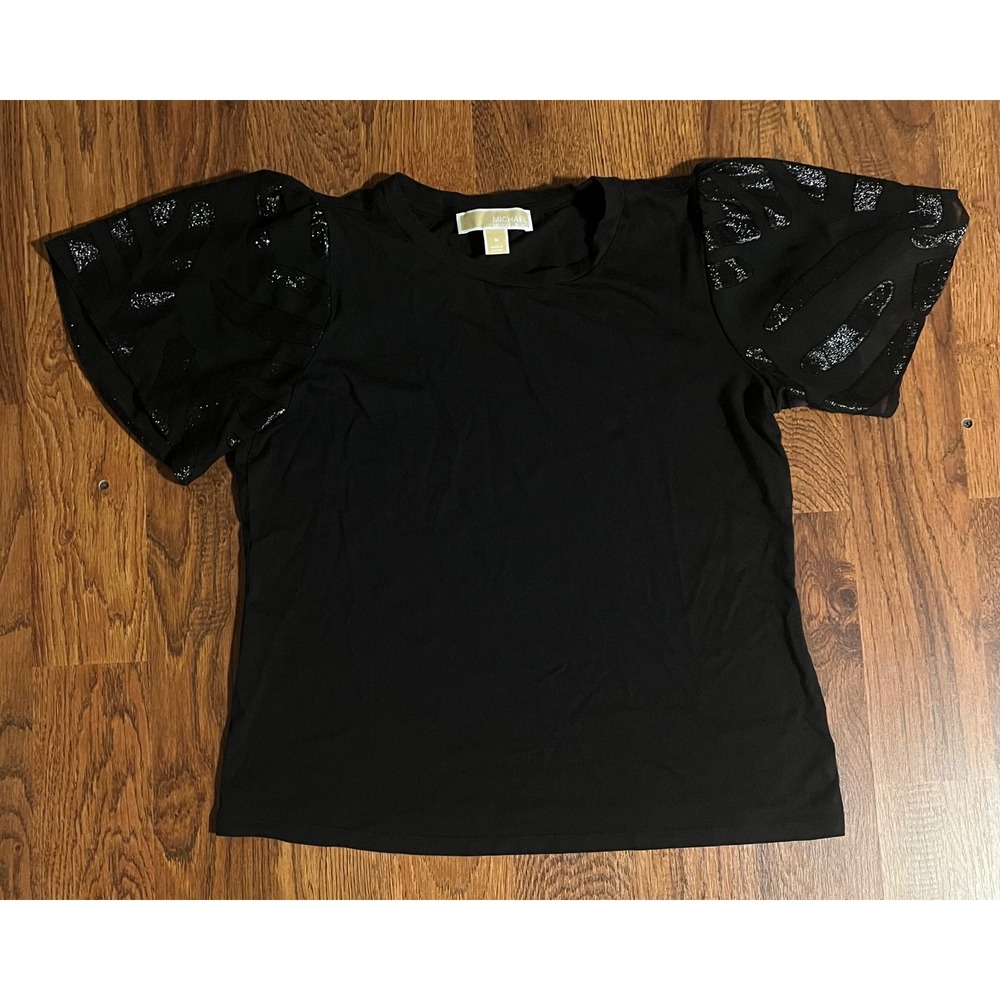 Michael Kors Black Sequin Zebra Puff Sleeve Top Womens Medium Crew Neck Knit